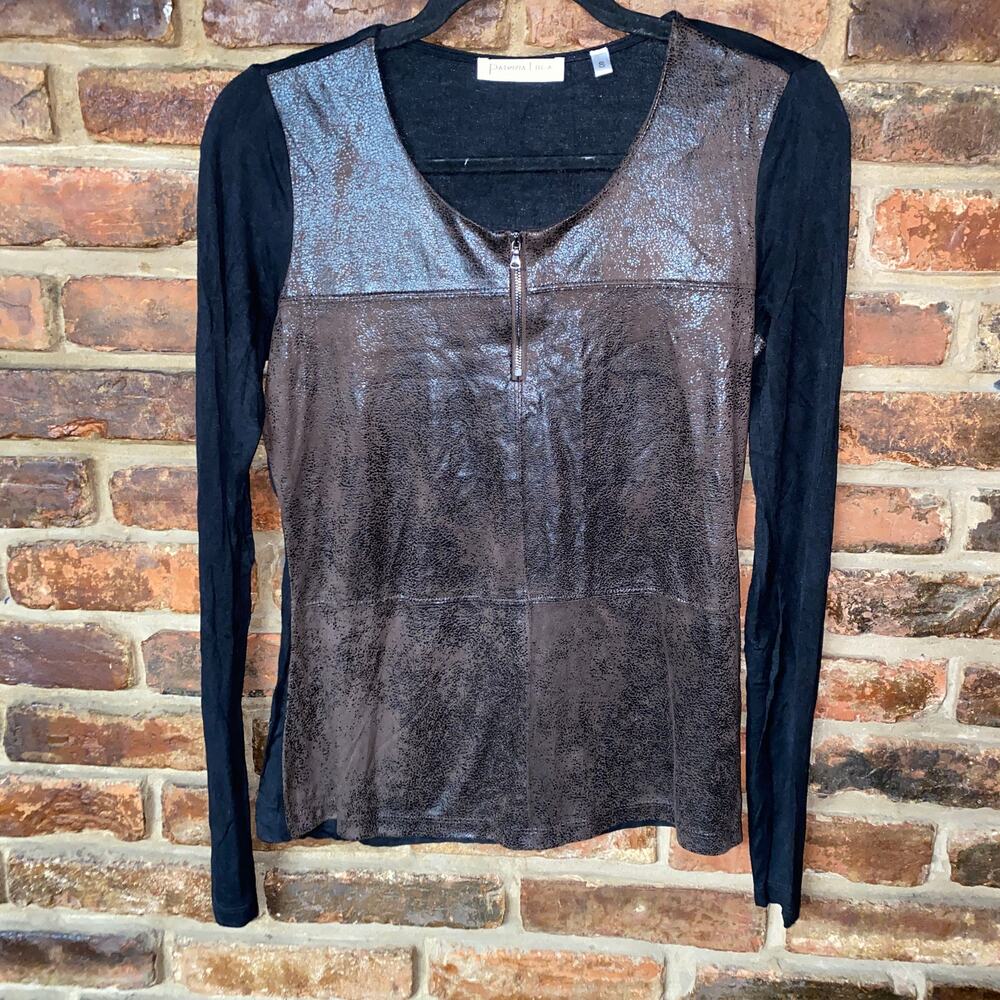 Patrizia Luca Milano Brown Coated Black Long Sleeve Zip Blouse Womens Size Small